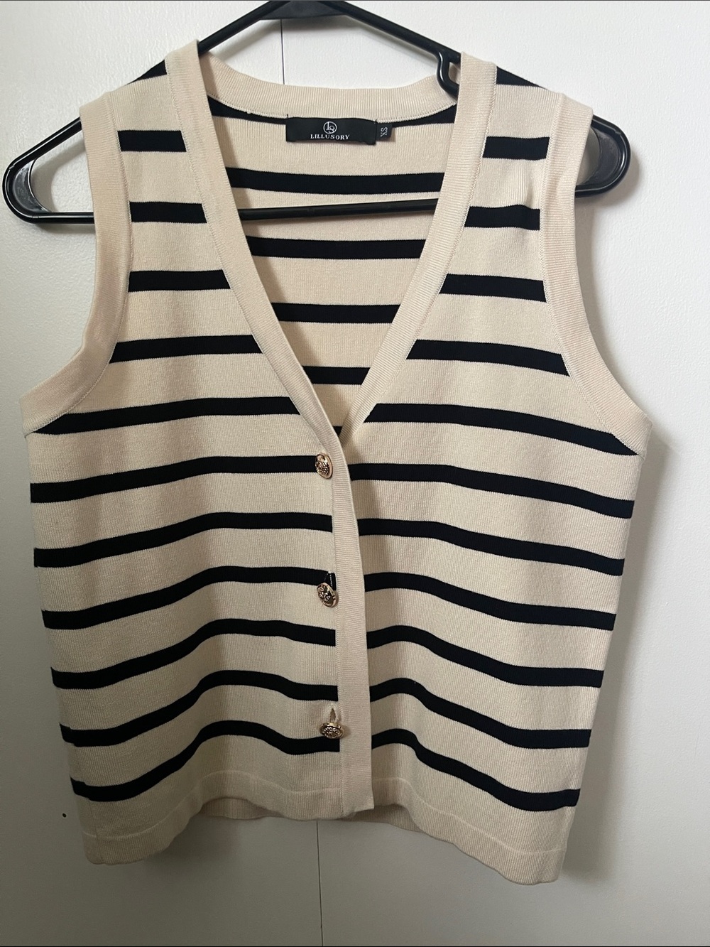 Cream and Black Striped Sleeveless Button-Front Knit Vest